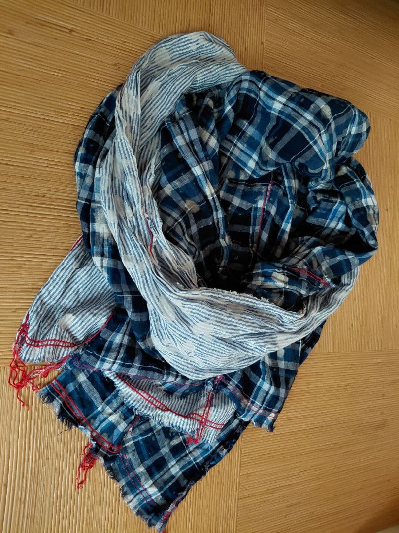 コム・デ・ギャルソン　 麻　ストール　ブルー　チェック　大判