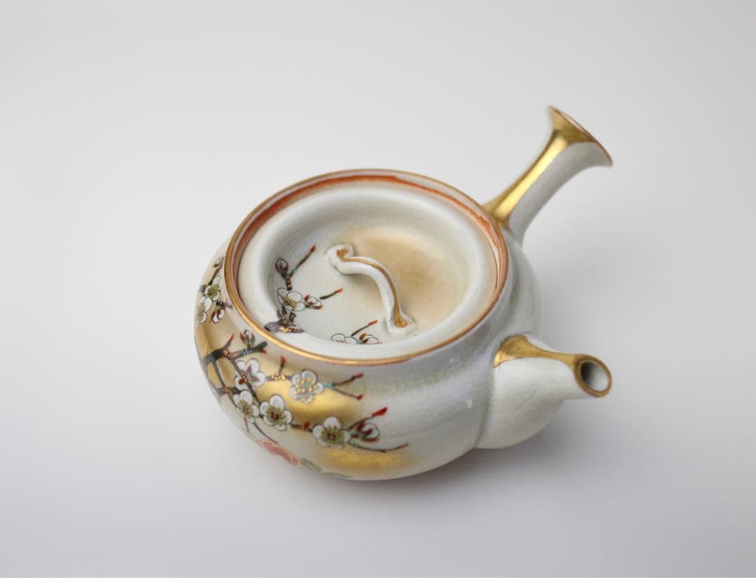 九谷焼　田村金星　細字 煎茶道 和歌 梅椿図 点金 霊芝耳