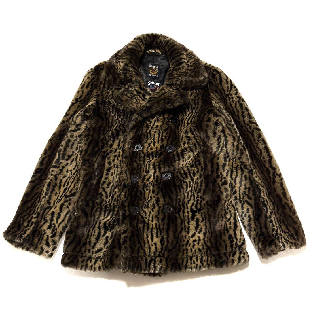【極美品】 Schott 100周年 限定 フェイクファー 豹柄 Pコート 総柄