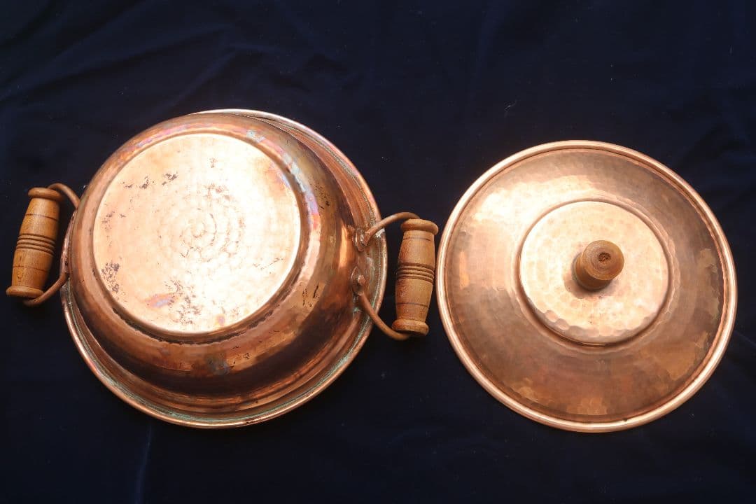 メキシコ　銅製 両手鍋 直径約25cm 木製ハンドル付き　値下げ