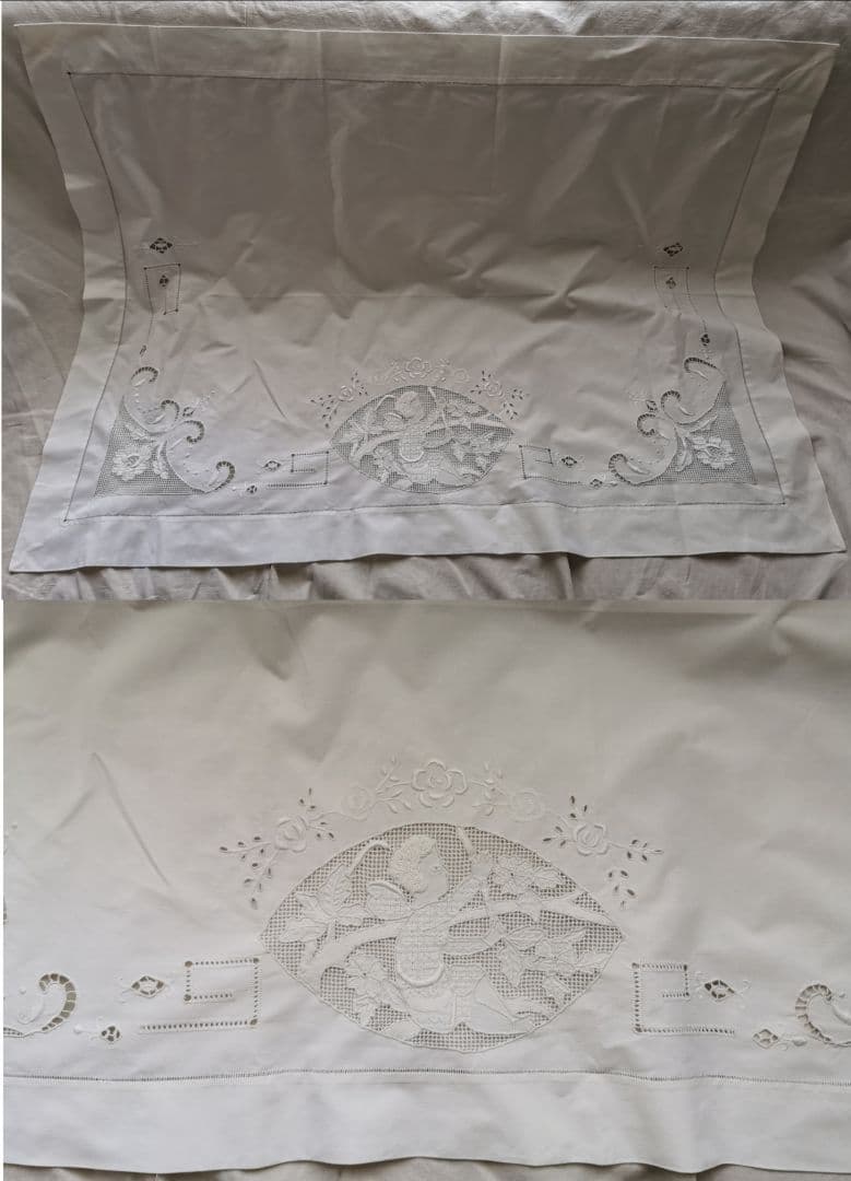 アンティークイタリア ニードルワーク刺繍 木登りのエンジェル リーフと天使クロス