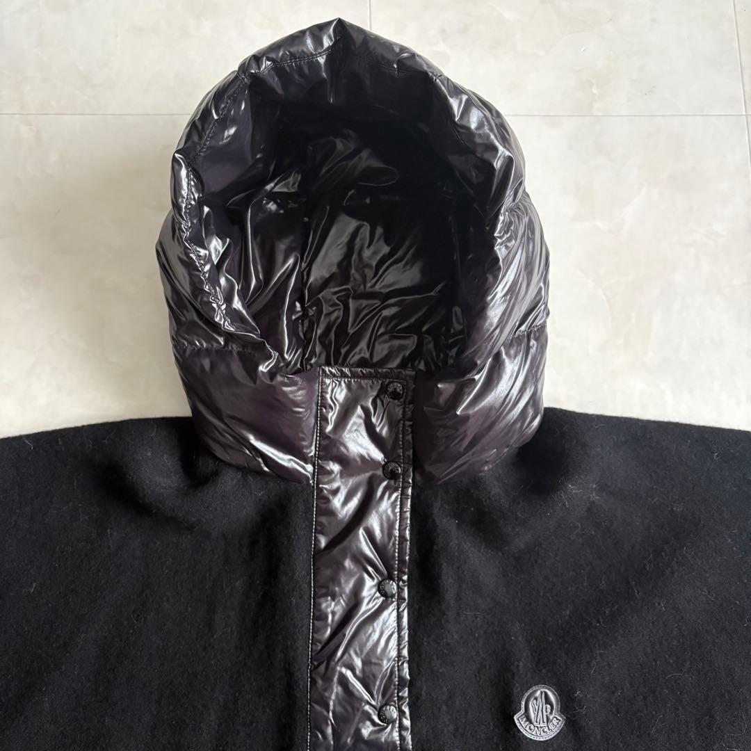 MONCLER ダウンフード付ポンチョケープ 黒 12A ウール混 M相当