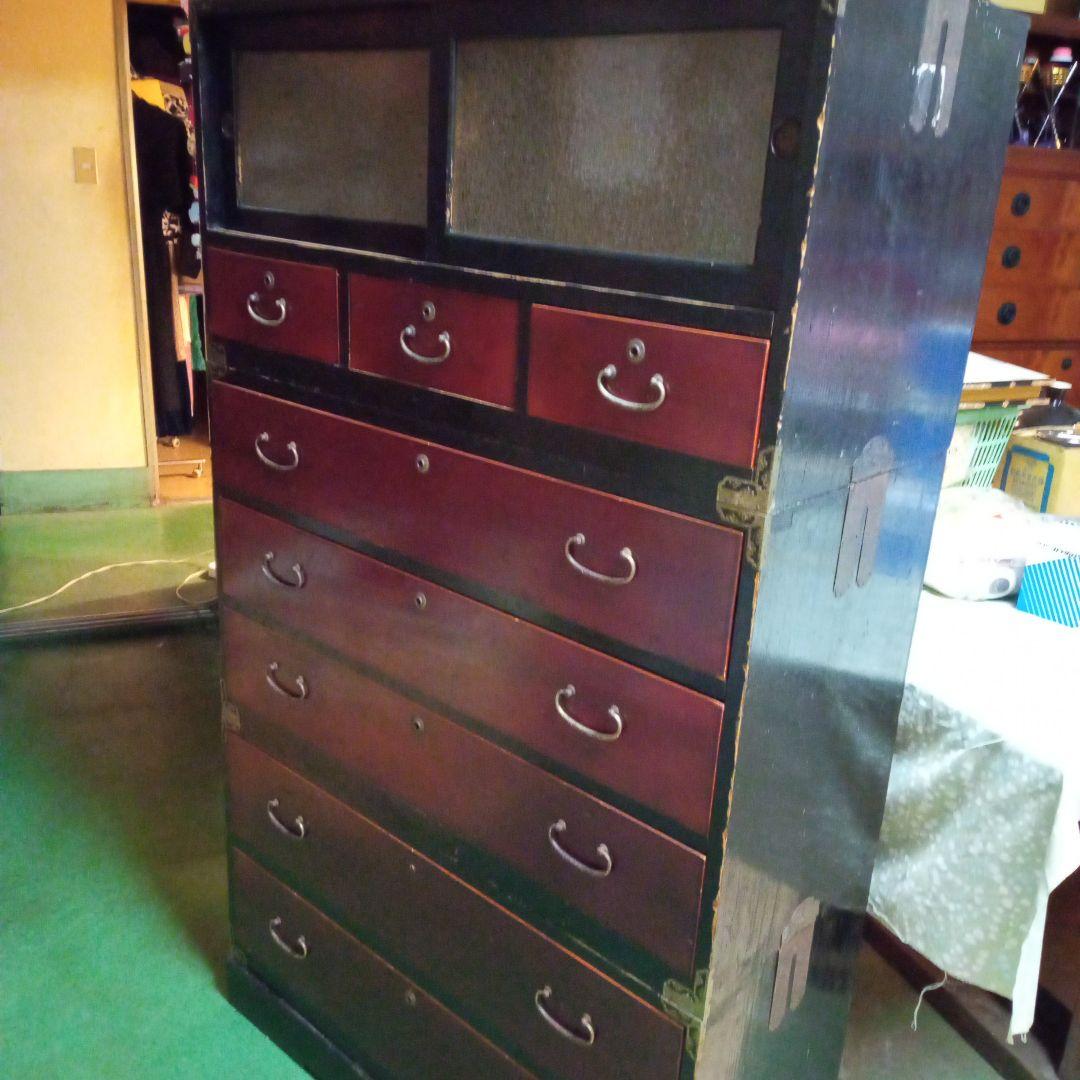 古箪笥　桐タンス　塗タンス　整理タンス　昔ガラス　三段タンス　アンティーク