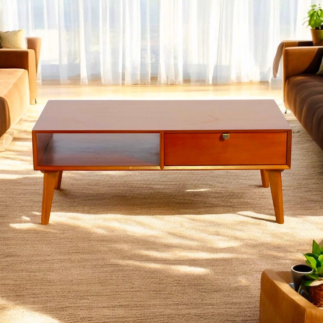 N 新品 北欧 センターテーブル ローテーブル 木製 机 座卓 引き出し 赤茶色