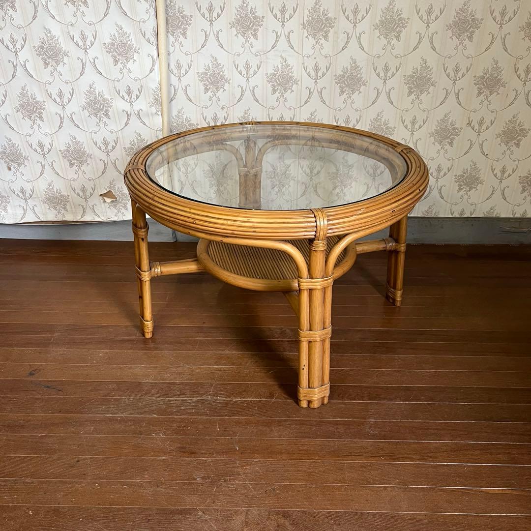 【アンティーク】籐 ラタンセンターテーブル コーヒーテーブル 円卓 ガラス天板