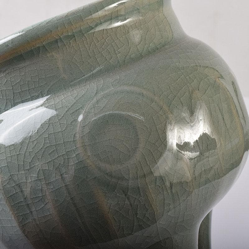 中国　徐朝興　徐凌　龍泉青磁　三ツ足蓋香炉　唐木台・証明書・箱付　V　7769C