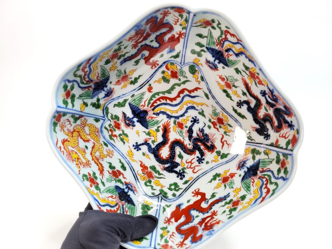 彌左衛門作 染錦万暦龍鳳凰絵 花形大鉢 古伊万里　コレクション　骨董品