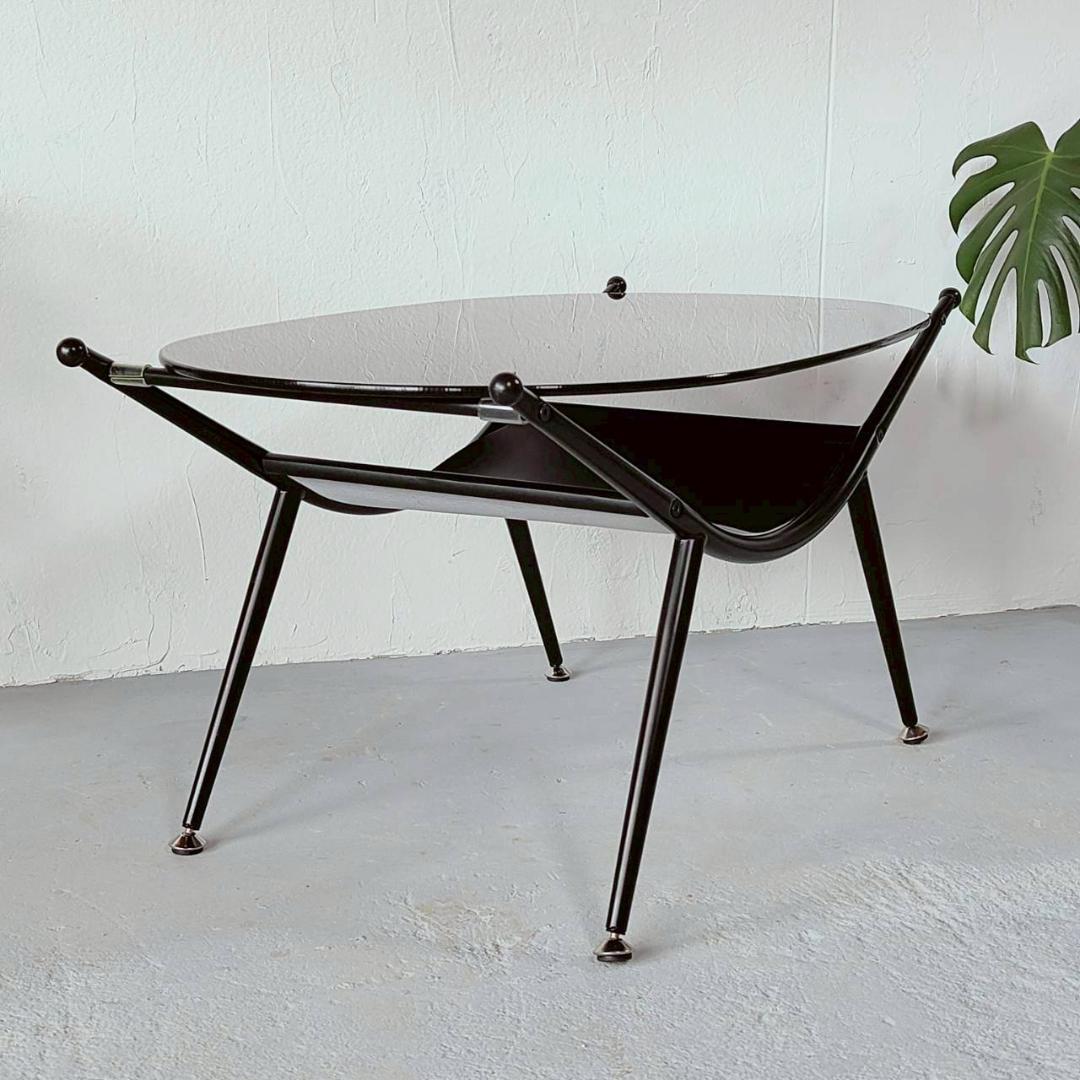 ミッドセンチュリー ガラステーブル 黒 幅80cm スペースエイジ