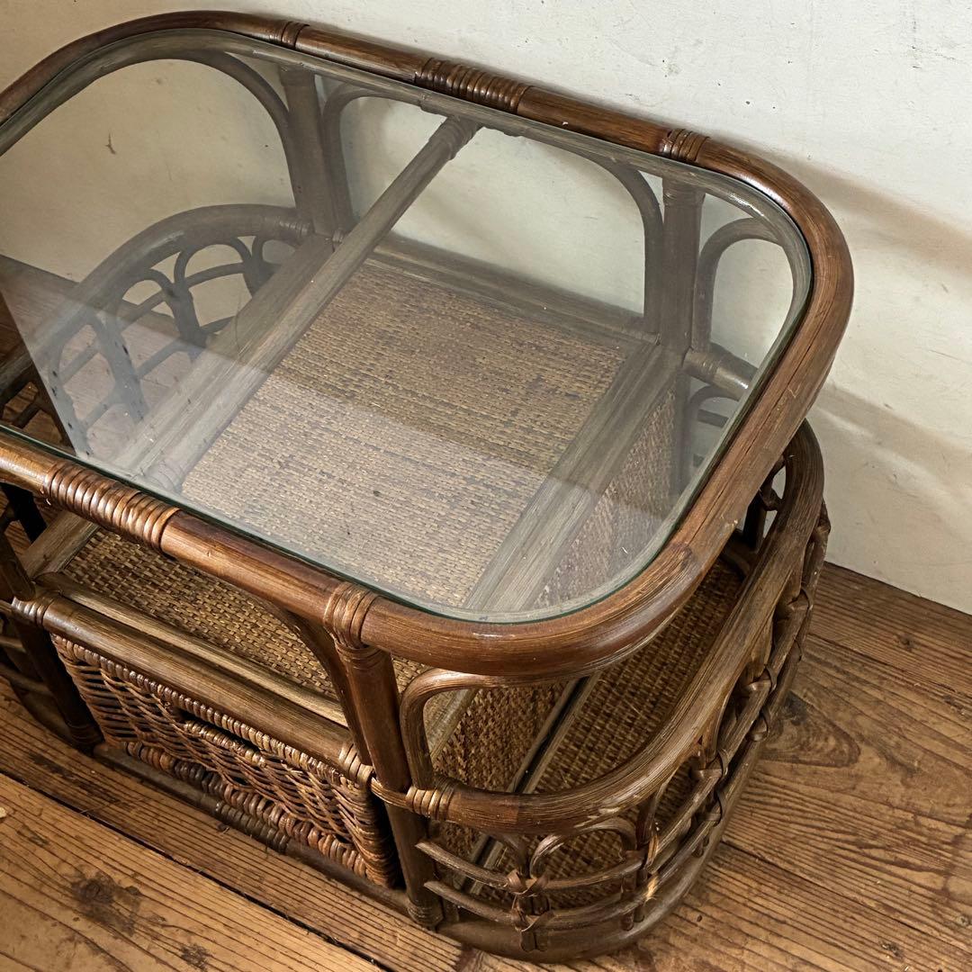 ヴィンテージ ラタン ガラステーブル レトロ