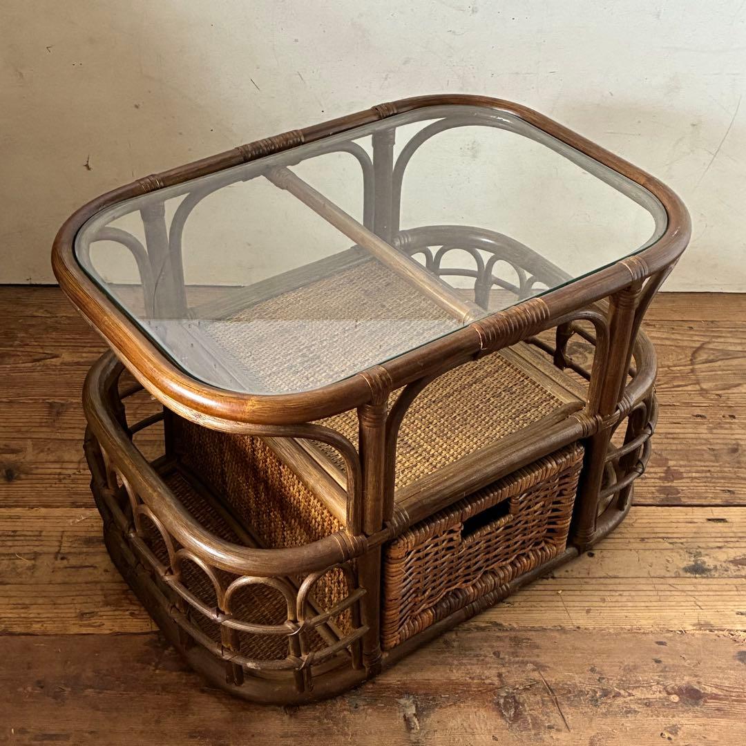 ヴィンテージ ラタン ガラステーブル レトロ