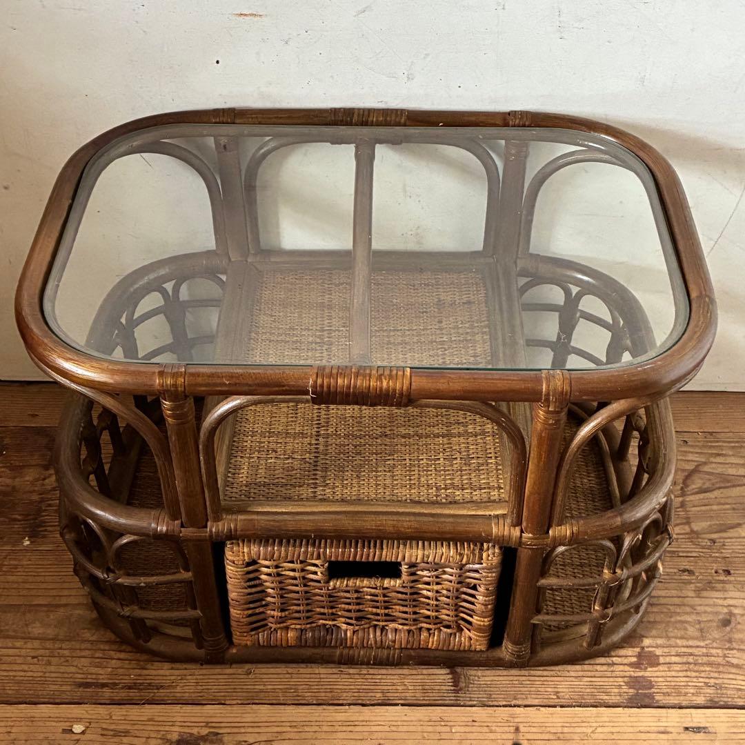 ヴィンテージ ラタン ガラステーブル レトロ