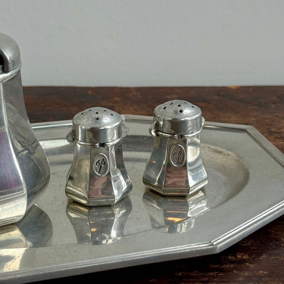 フランス製 トレイ＆シュガー・ソルト・ペッパー 4点セット ピューター 刻印有り
