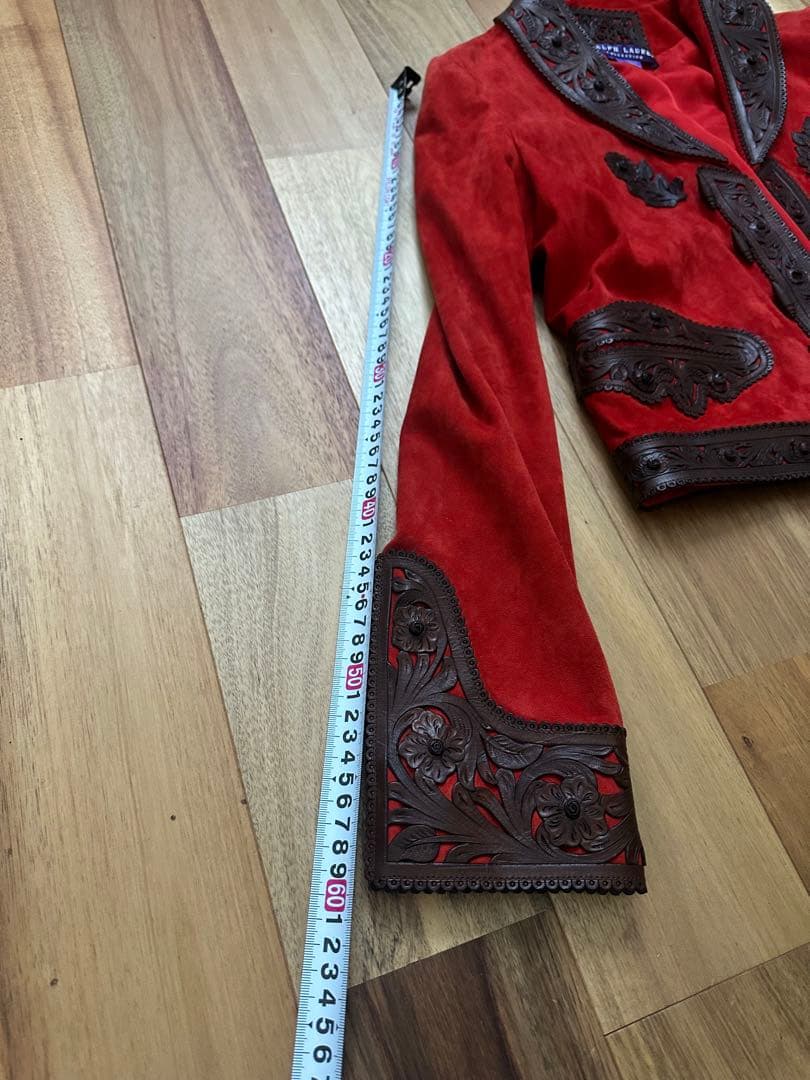 赤 スエード 刺繍 テーラードジャケット