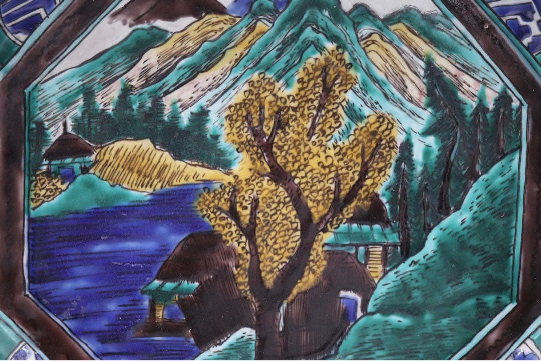 江戸　九谷焼　山水紋角皿　吉田屋　青手　送料込み0612