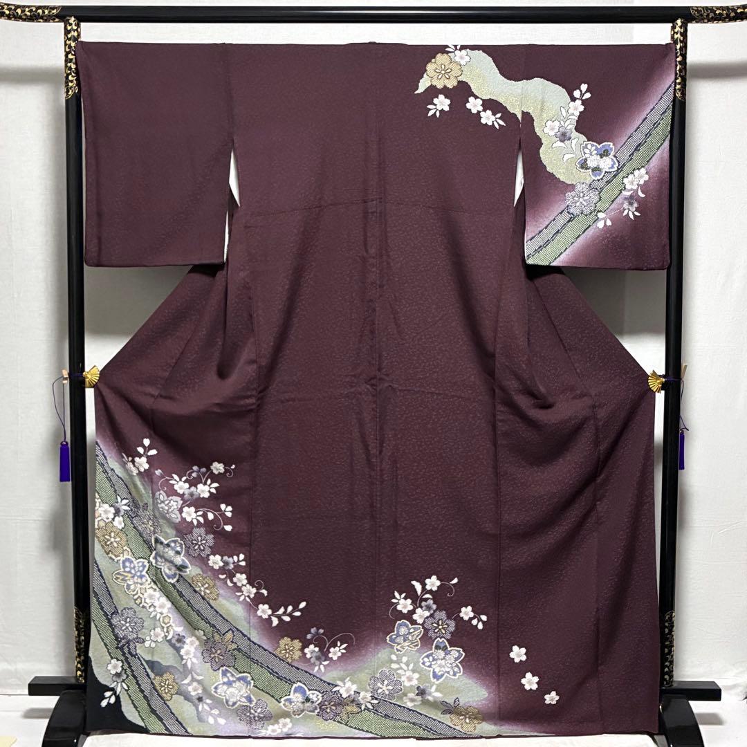 D133 訪問着 桜 鹿の子柄 紫 正絹 着物 袷 極美品