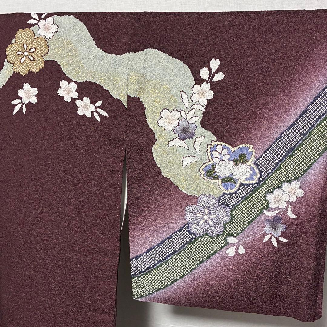 D133 訪問着 桜 鹿の子柄 紫 正絹 着物 袷 極美品