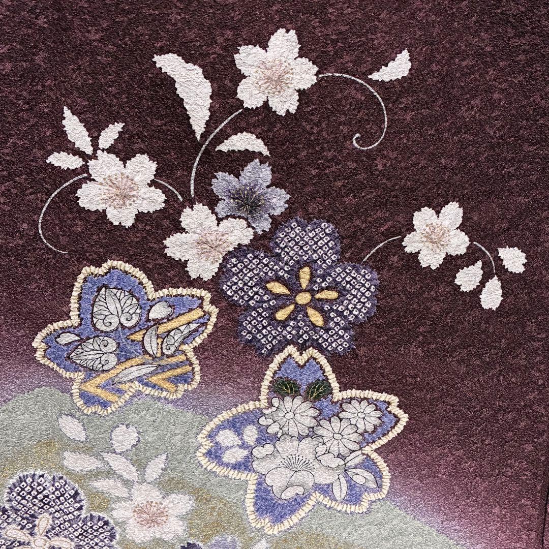 D133 訪問着 桜 鹿の子柄 紫 正絹 着物 袷 極美品