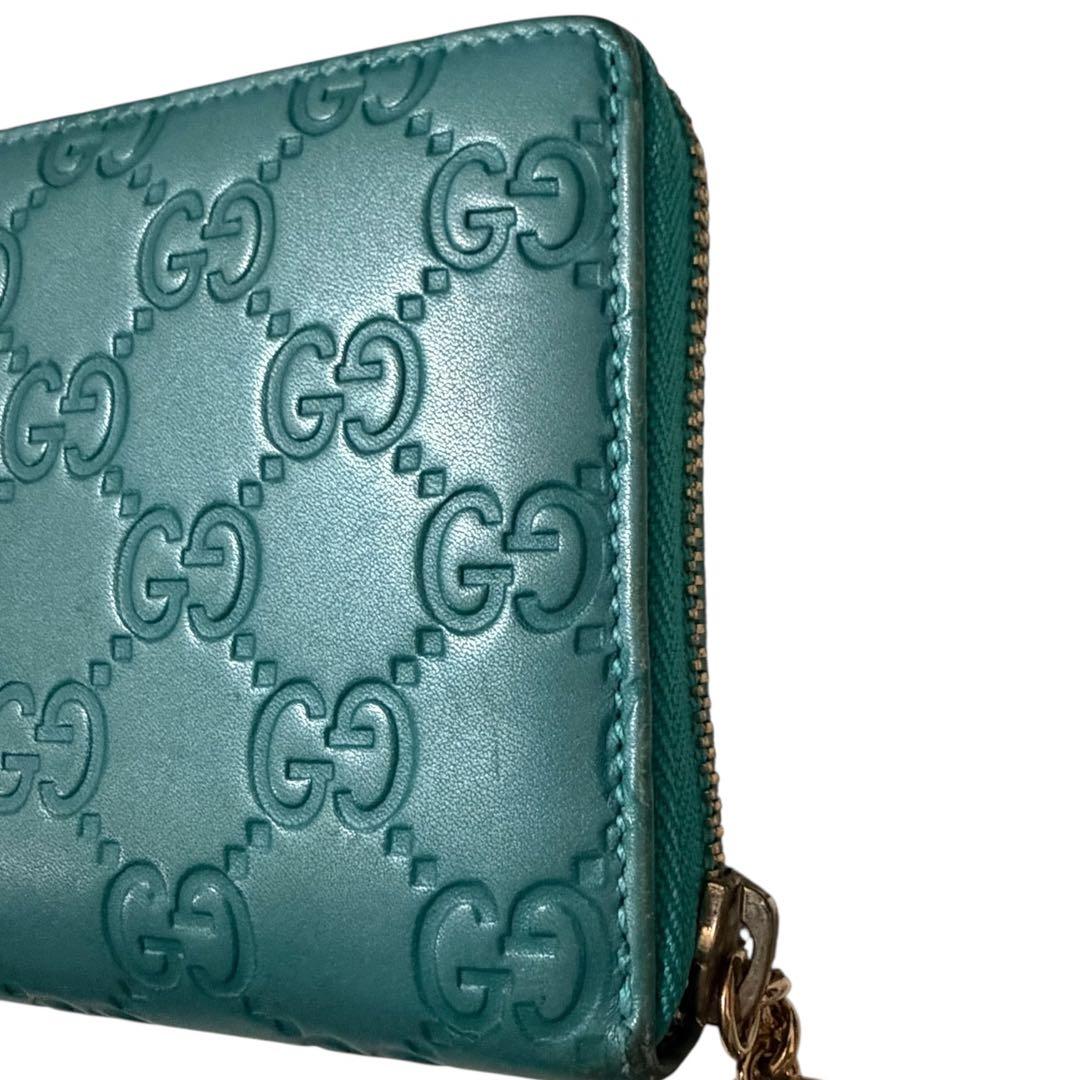 GUCCI グッチシマ GG型押し ターコイズ ラウンドファスナー 長財布 箱付