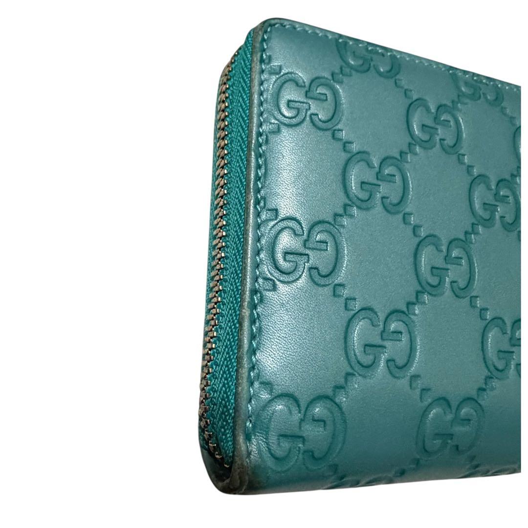 GUCCI グッチシマ GG型押し ターコイズ ラウンドファスナー 長財布 箱付