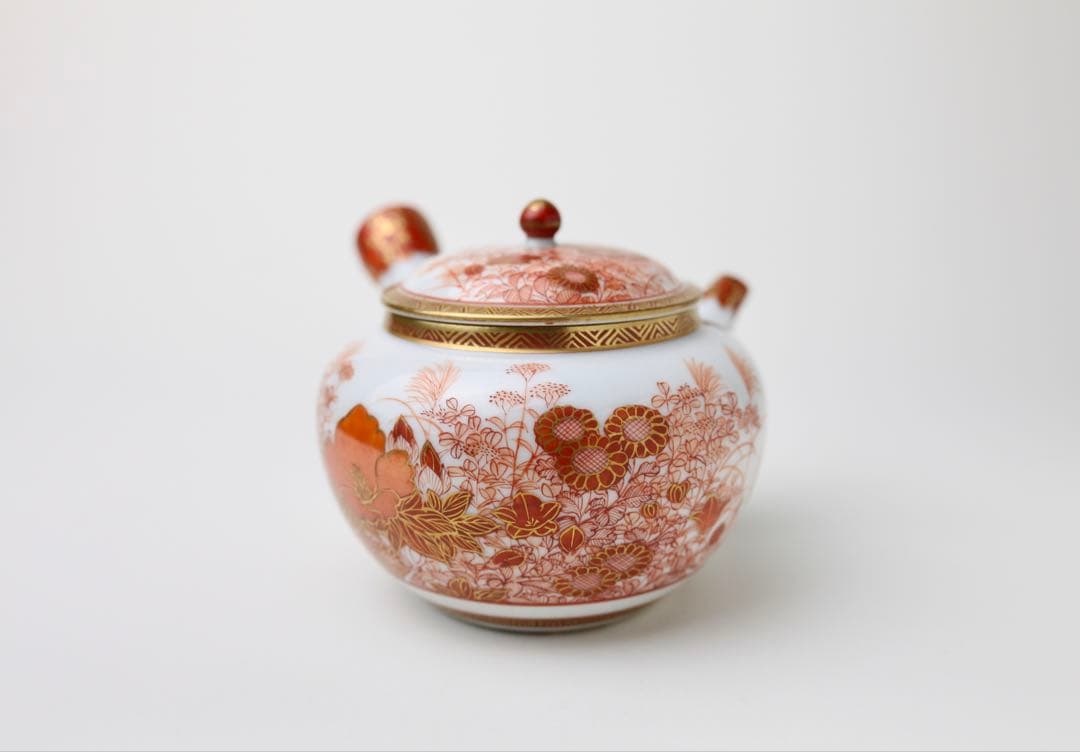 九谷焼 金城竜山 九谷竜山 金彩 赤絵秋草 煎茶器 急須 煎茶道具 煎茶碗