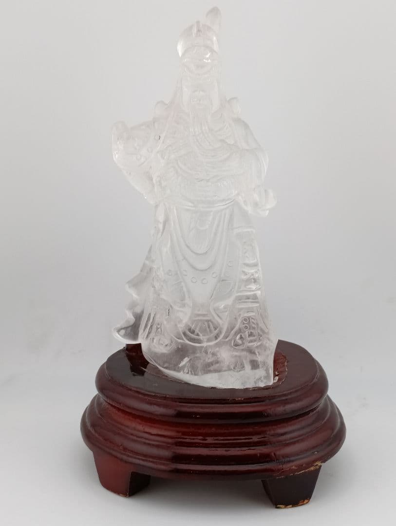 美品 関羽公 天然本水晶 手彫彫刻 像 財神 商業神 武神 軍神 高透明度 置物