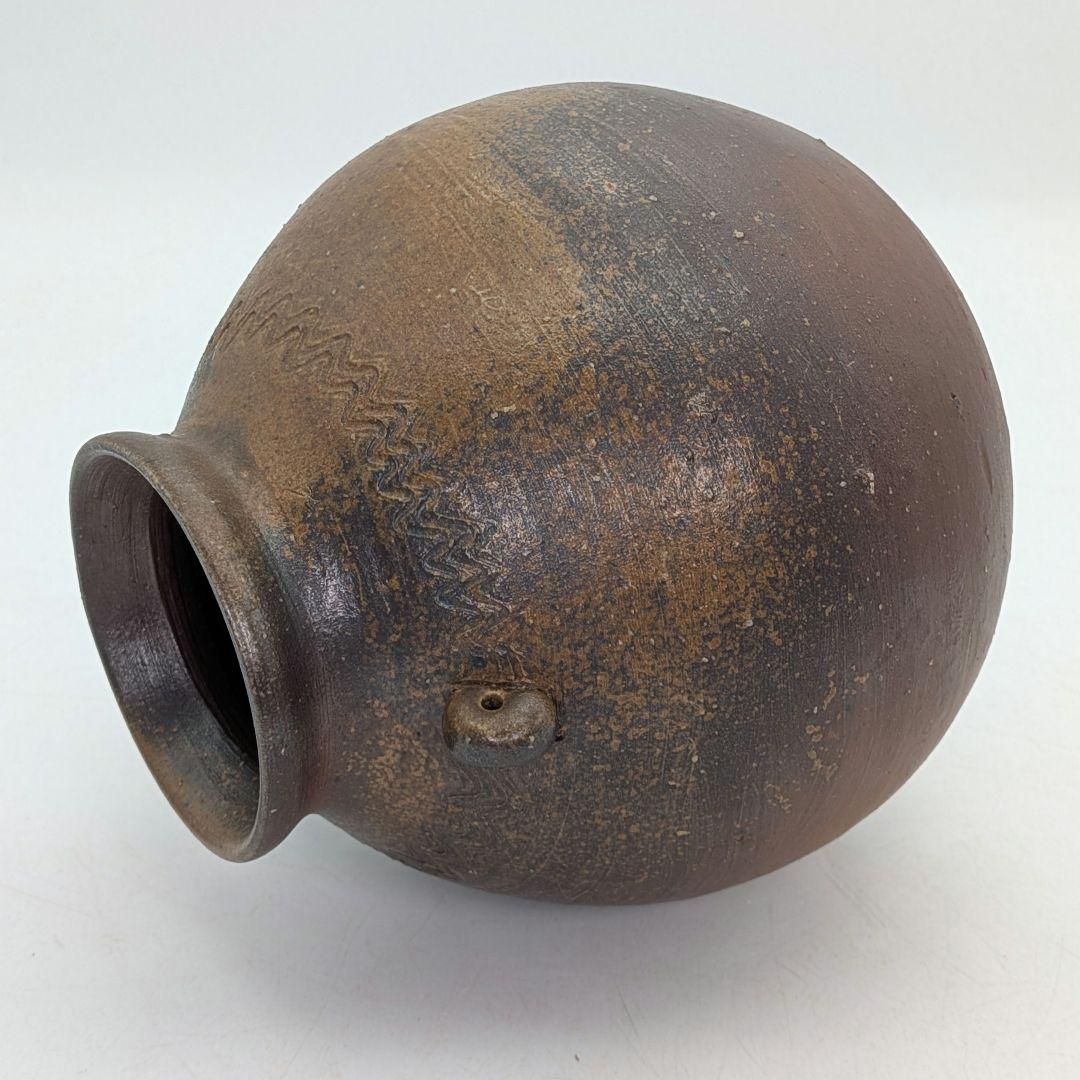 岡山県重要無形文化財 伊勢崎満 備前焼 耳付扁壺花生 共箱 花器 フラワーベース