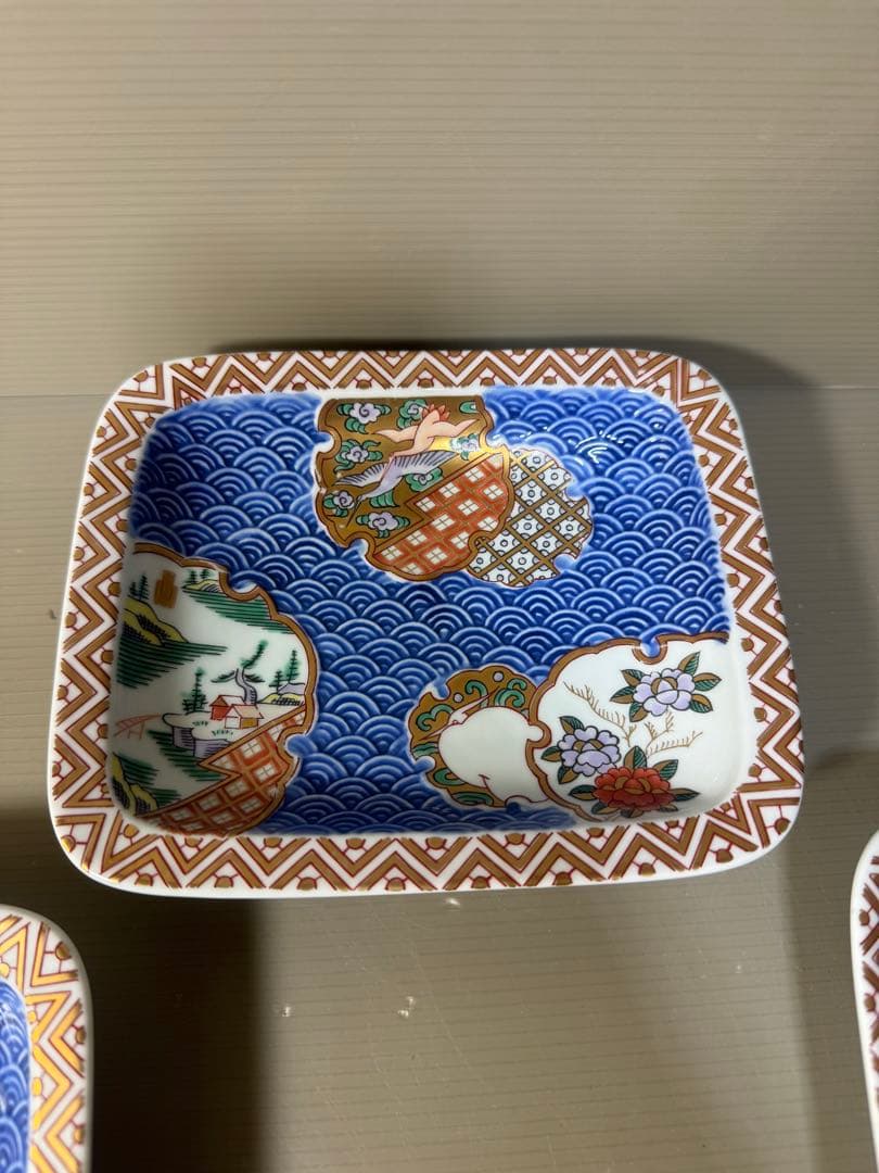 2367 林九郎窯 古伊万里風 青海波地紋雪輪 銘々皿５枚組 波佐見焼　未使用