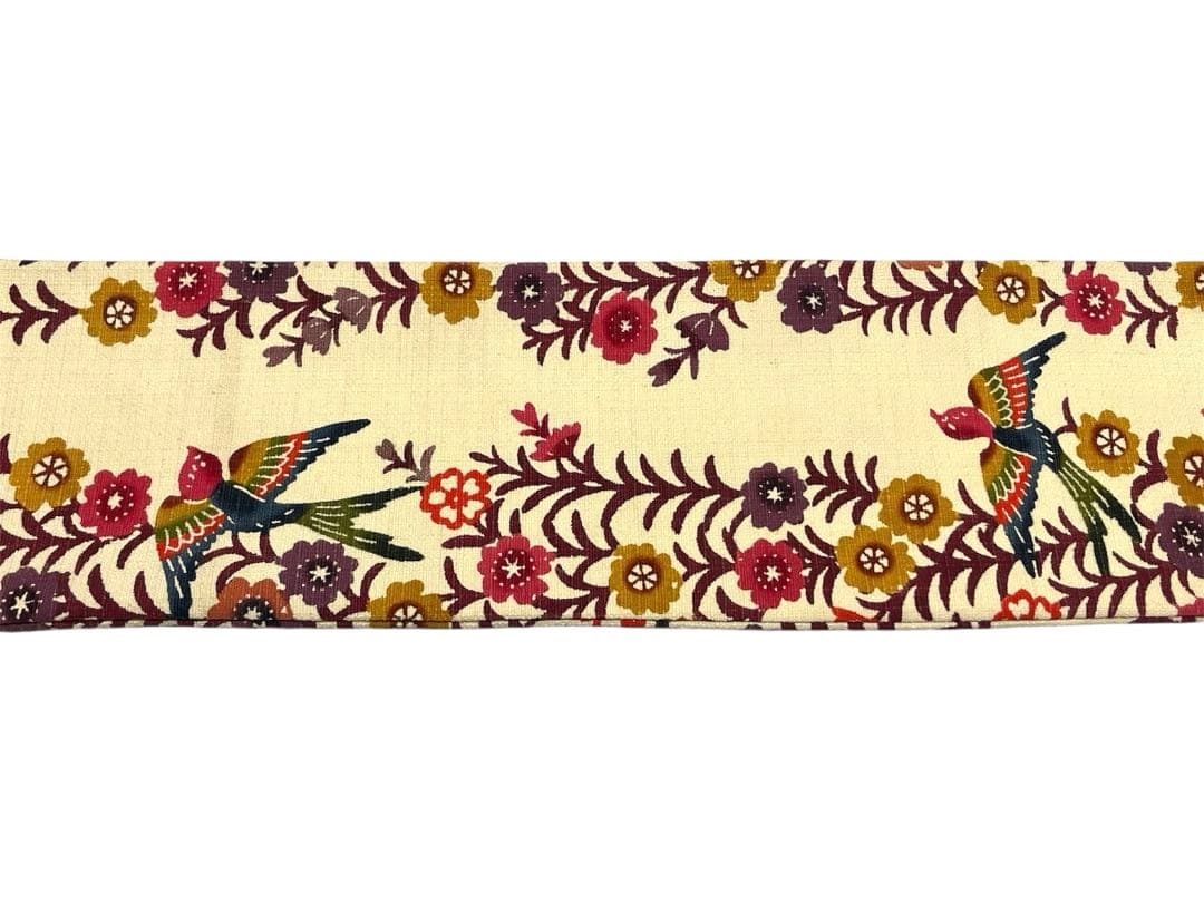 枝垂れ桜と鳥の紅型調型染め名古屋帯◇生成り色 未使用美品 染め帯 つばめ 紬地