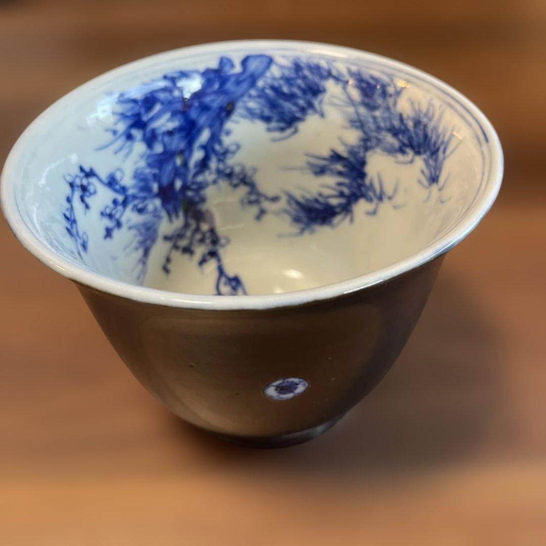 【明治十年購入／西脇順三郎生家伝来】染付 梅竹図 盃洗 共箱・書付あり 骨董品