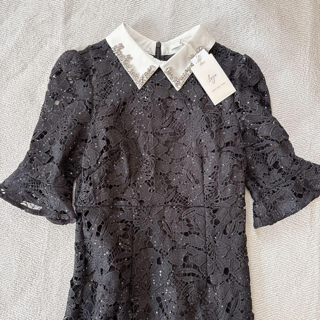 新品✨LEJA ビジューカラー 花柄フリル マーメイドドレス S 黒 結婚式