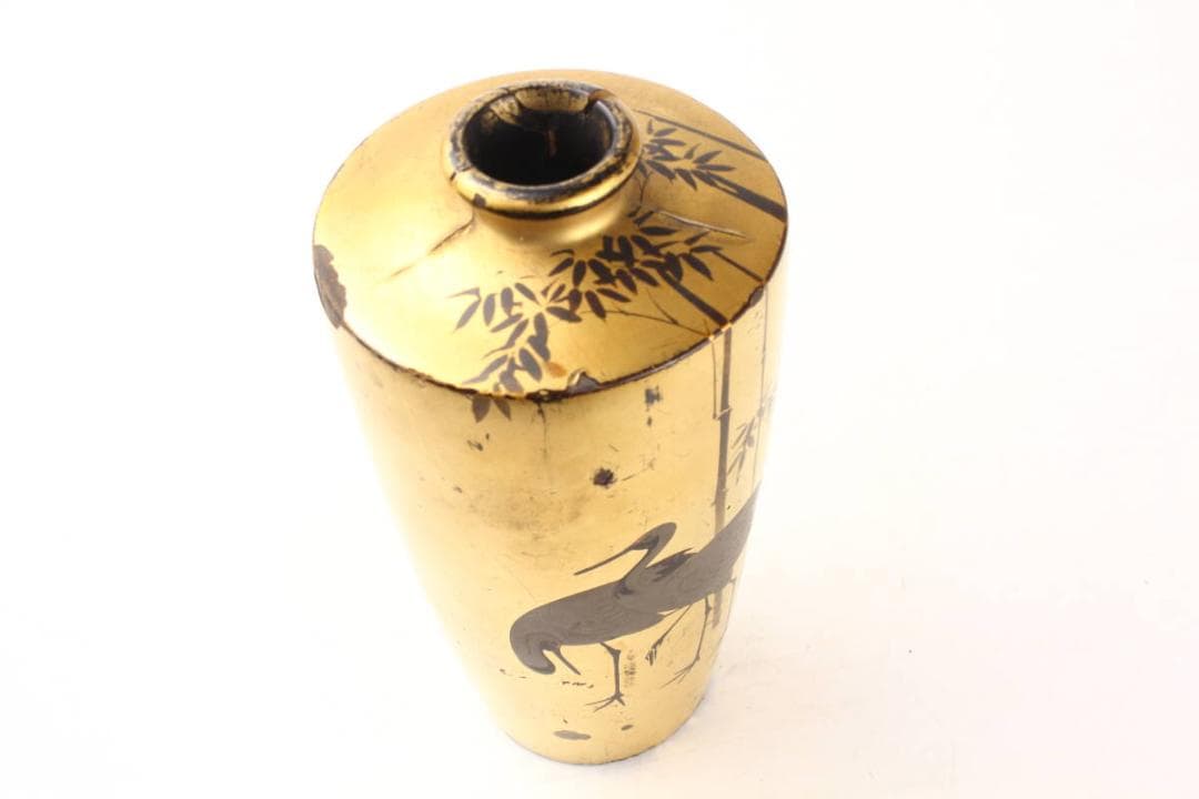 【幕末　明治時代】輸出漆器　里帰り品　鶴と竹図　沃懸地 木製花瓶