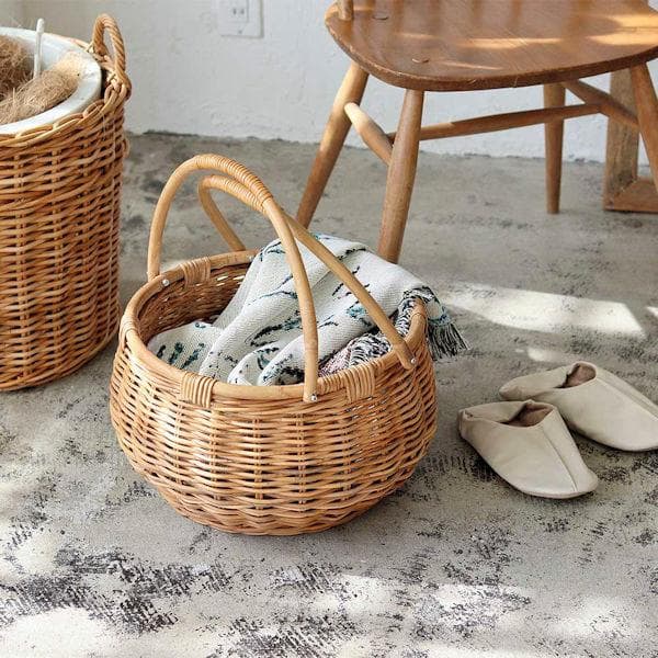 皮付きラタンバスケット直径38 バスケット 収納 新品未開封 籐（655）