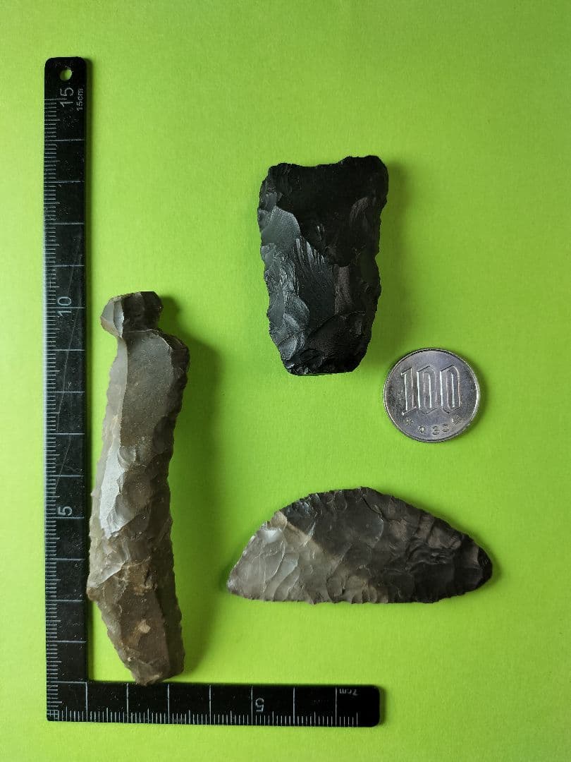 石器セット(出土品)石篦、石ナイフ、石匙の3点！全て硬質頁岩(チャート！)