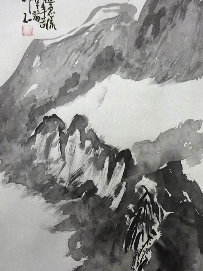 掛軸 柳石『阿蘇山 水墨山水画』絹本 肉筆 共箱付 掛け軸 p051801
