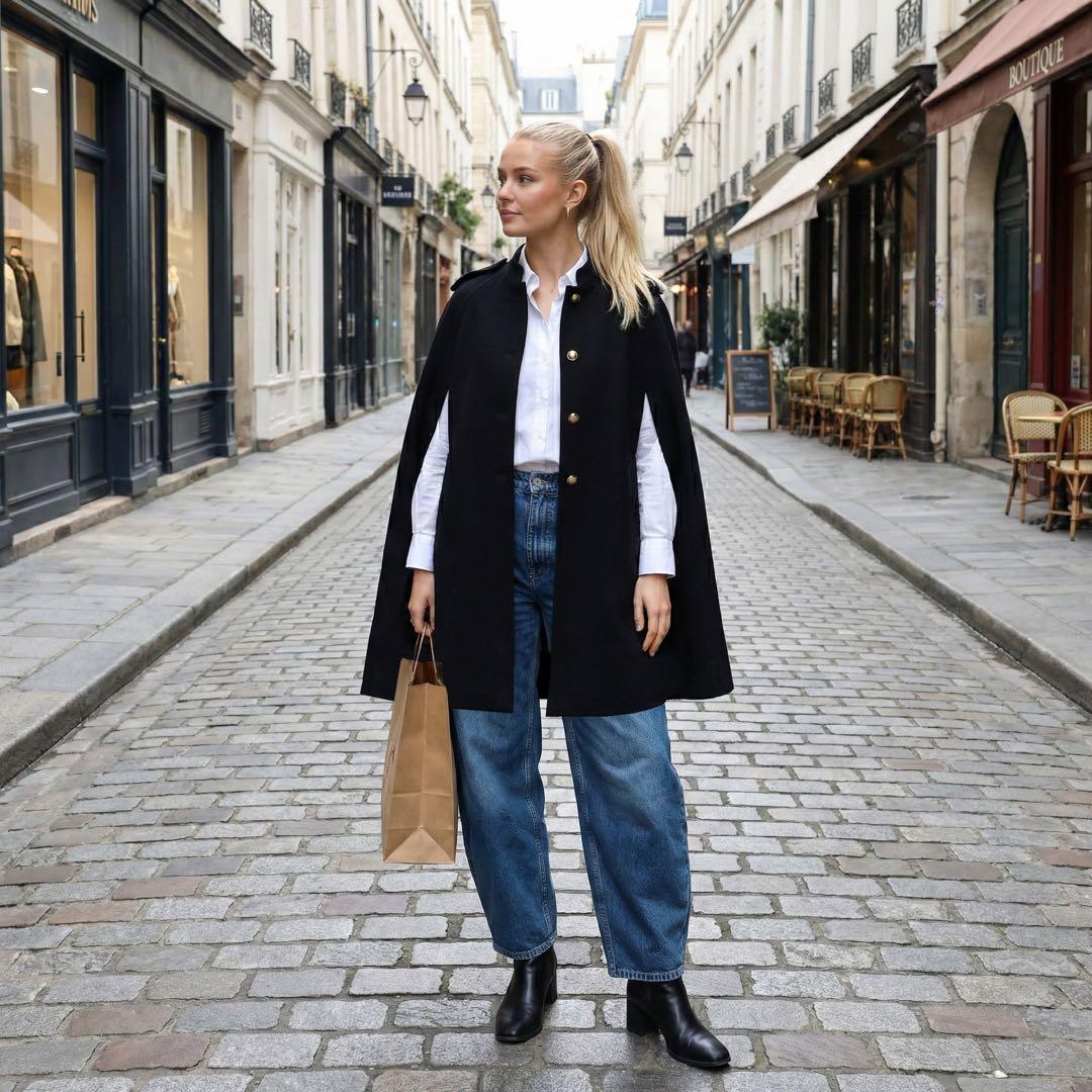 美品★L★ZARA★ケープコート★ウール ポンチョ★ブラック★金ボタン★ザラ