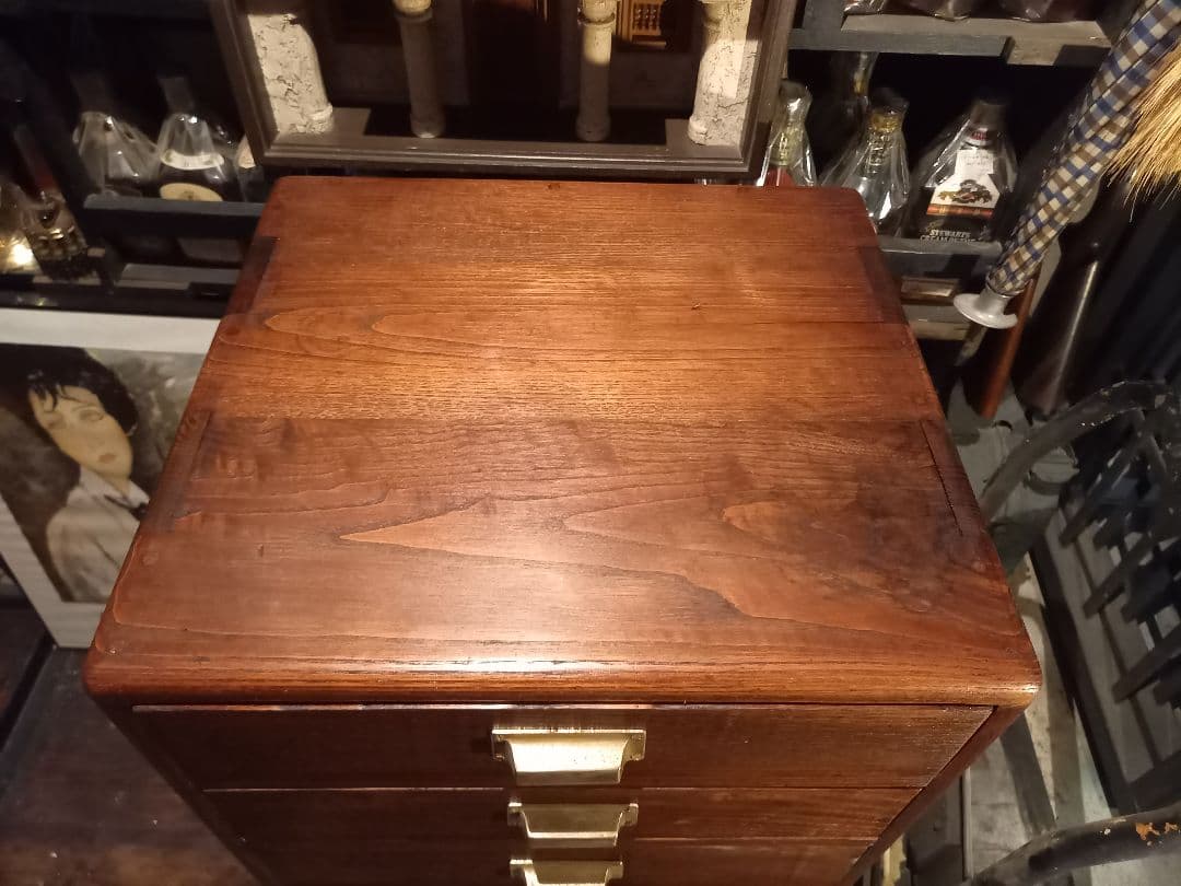 1950's　ヴィンテージ　ドロワー　欅　無垢材　継ぎ組み　細工　真鍮　金具