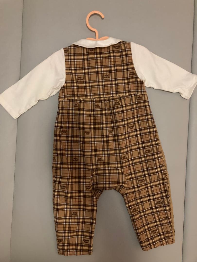 ミキハウス　チェック柄ロンパース クマ刺繍付き