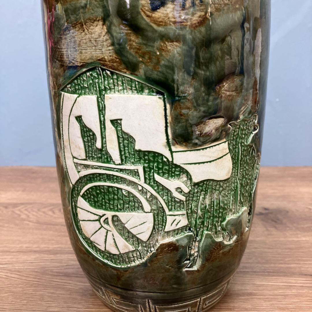 4F 名品 景徳鎮製 銘あり 大型花瓶 壺 浮彫 龍 鳳凰 三彩 伝統工芸