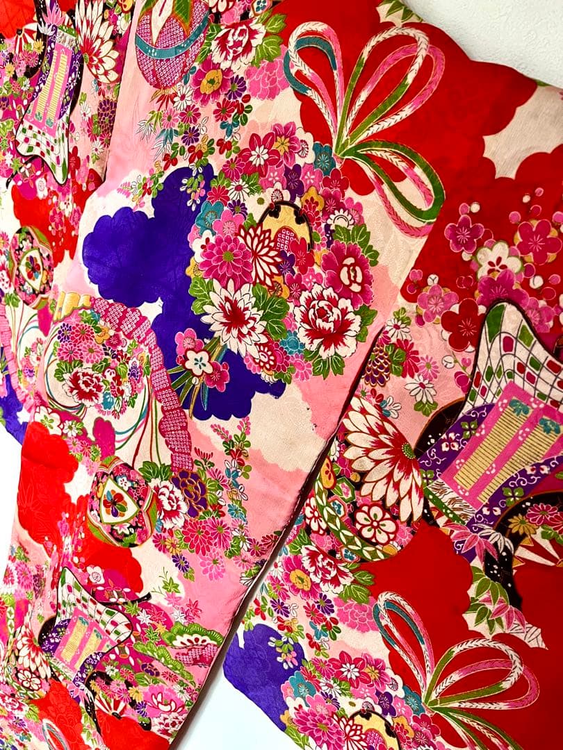 正絹 アンティーク着物 七五三 ◇御所車 薬玉 鞠 平安雅な古典柄