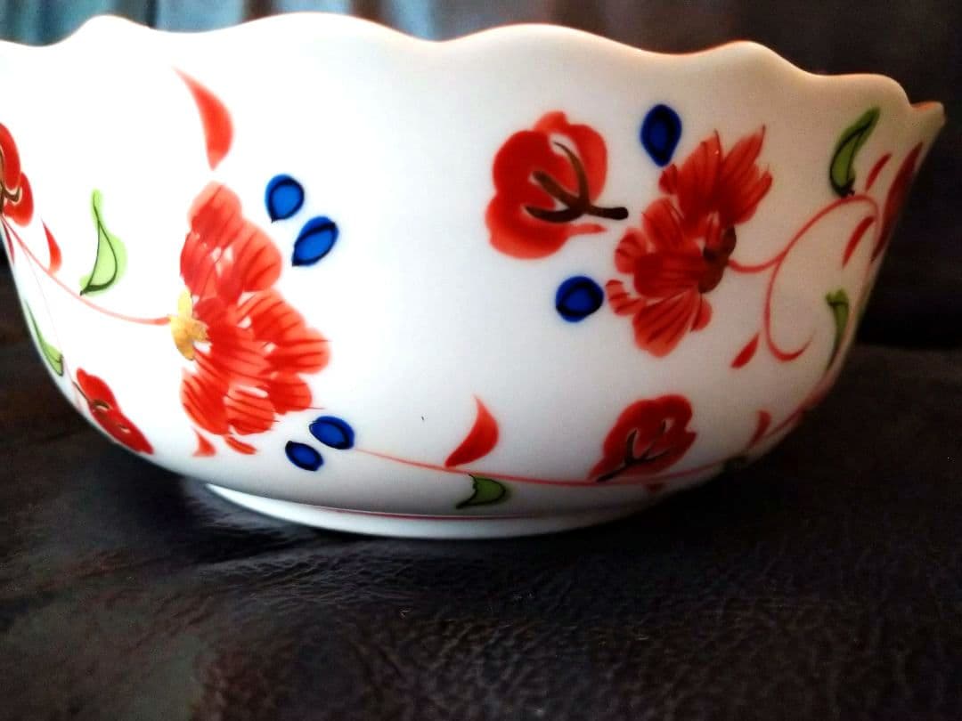 ♥【金彩古美濃焼】銅鑼鉢・赤絵大・中２皿♦古橘吉・たち吉・輪花型・ヴィンテージ皿