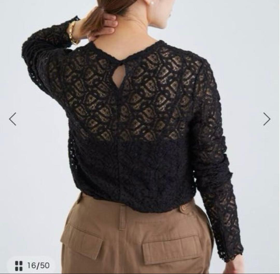 ペイズリーストレッチレースプルオーバー　ブラック