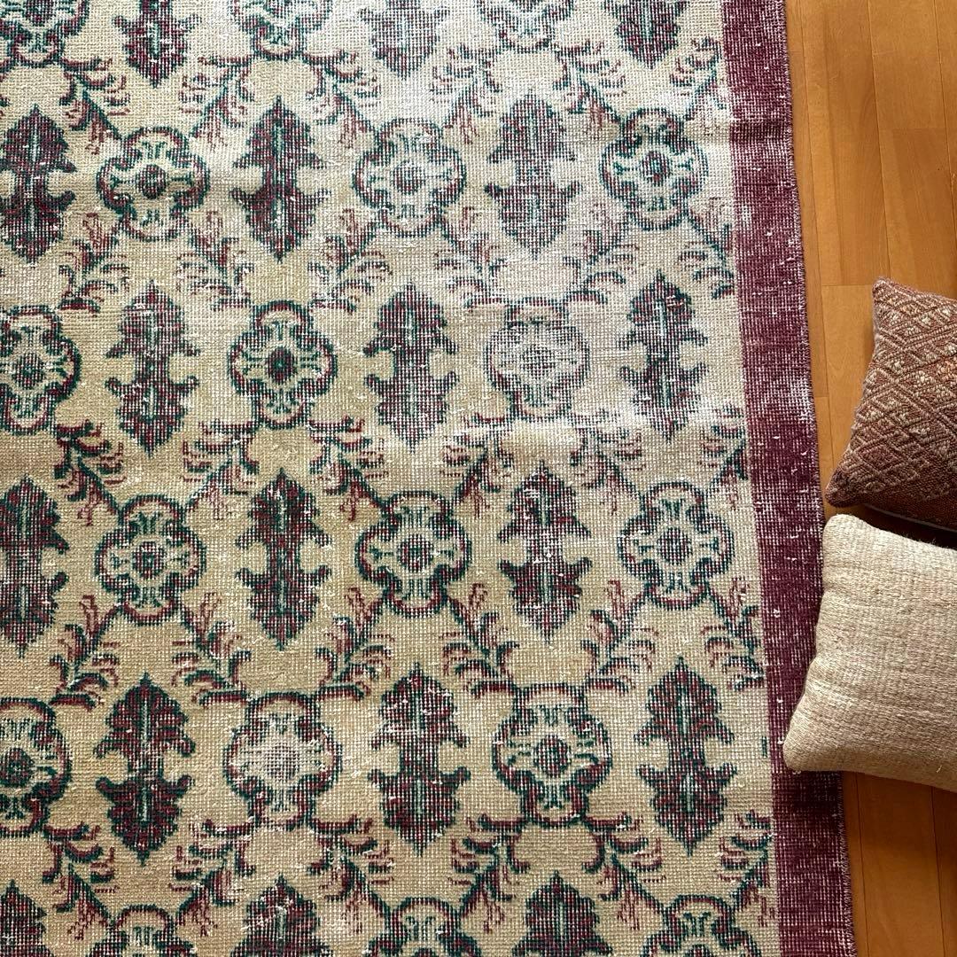 113×198レアえんじ色×グリーン 紋章ボタニカル　トルコヴィンテージラグ