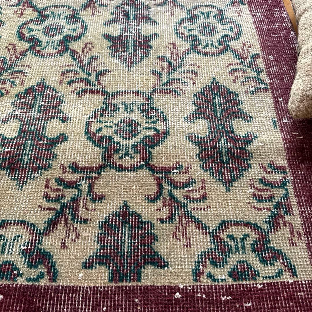 113×198レアえんじ色×グリーン 紋章ボタニカル　トルコヴィンテージラグ