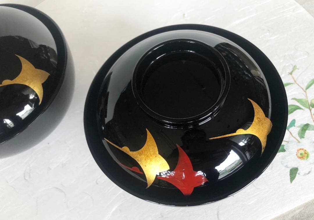 煮物椀 三羽鶴見返し松葉蒔絵 丸型 黒塗 漆塗 5客 在庫整理 雑煮椀 おせち