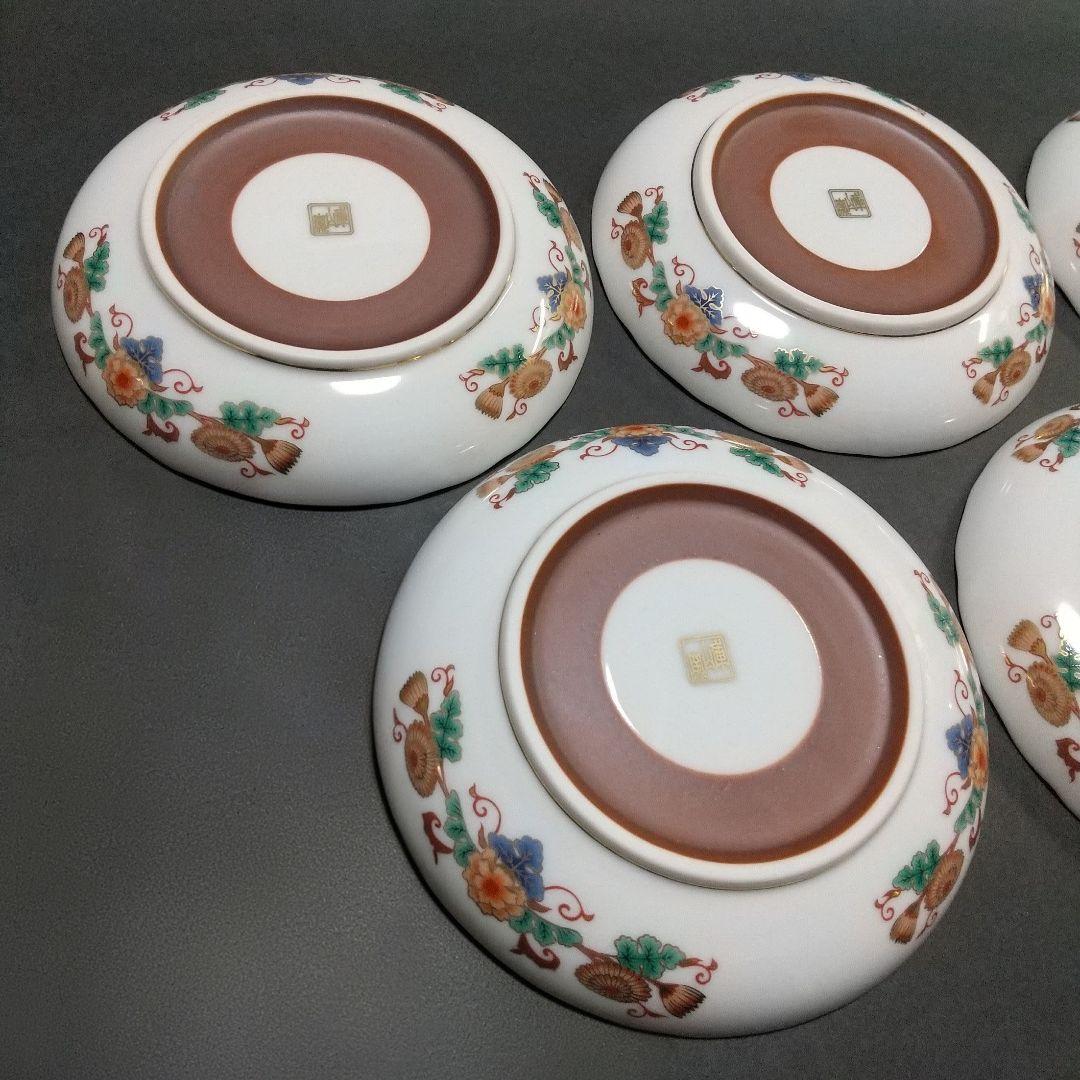 未使用品 前畑陶器 庫山窯 金蘭手 金彩菊紋 古伊万里文 約14㎝ 5枚 輪花皿