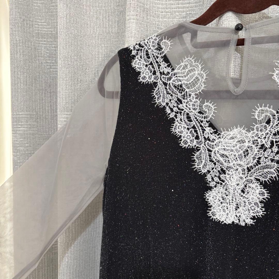 【LEJA】レースネック透け袖スリットキラキラロングドレスワンピースパーティー