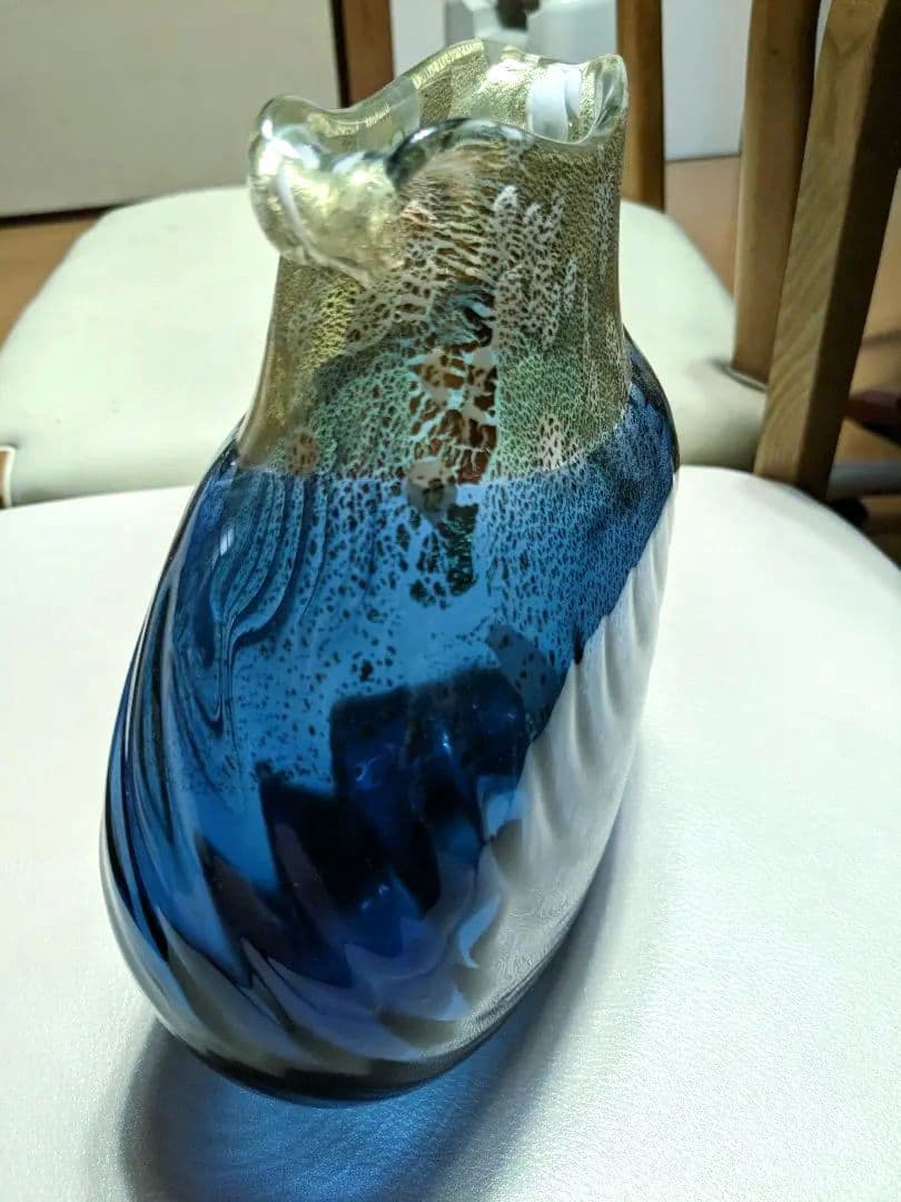 津軽　びいどろ　花瓶　青　ゴールド