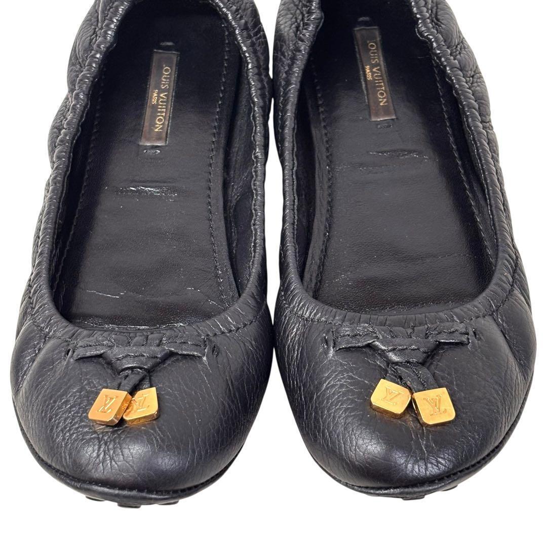 ルイヴィトン 36 23.5 LV レザー バレエシューズ シボ革 ブラック