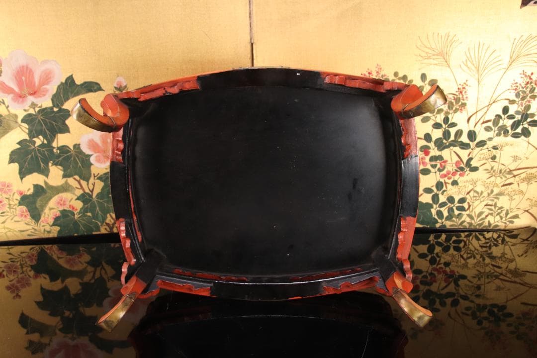 仏教美術 時代物　朱塗　真鍮金具飾付　春日卓　巾34.2㎝　BE787