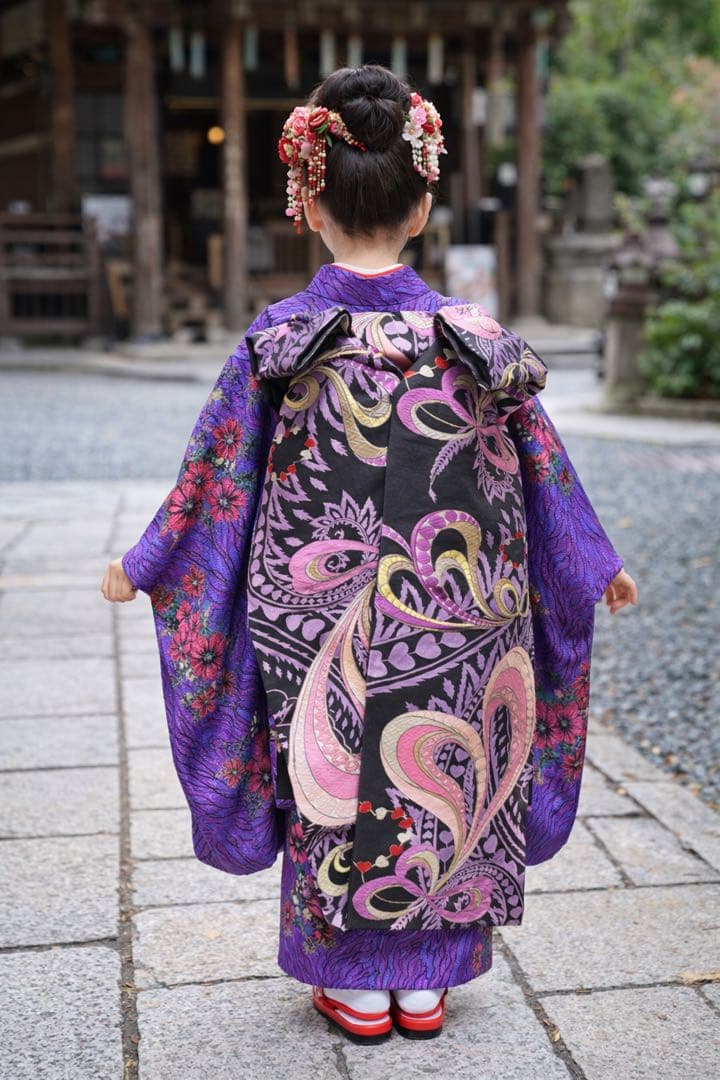 七五三着物セット　7歳　モダンスタイル　黒色　紫色　だらり帯　ぽっくり